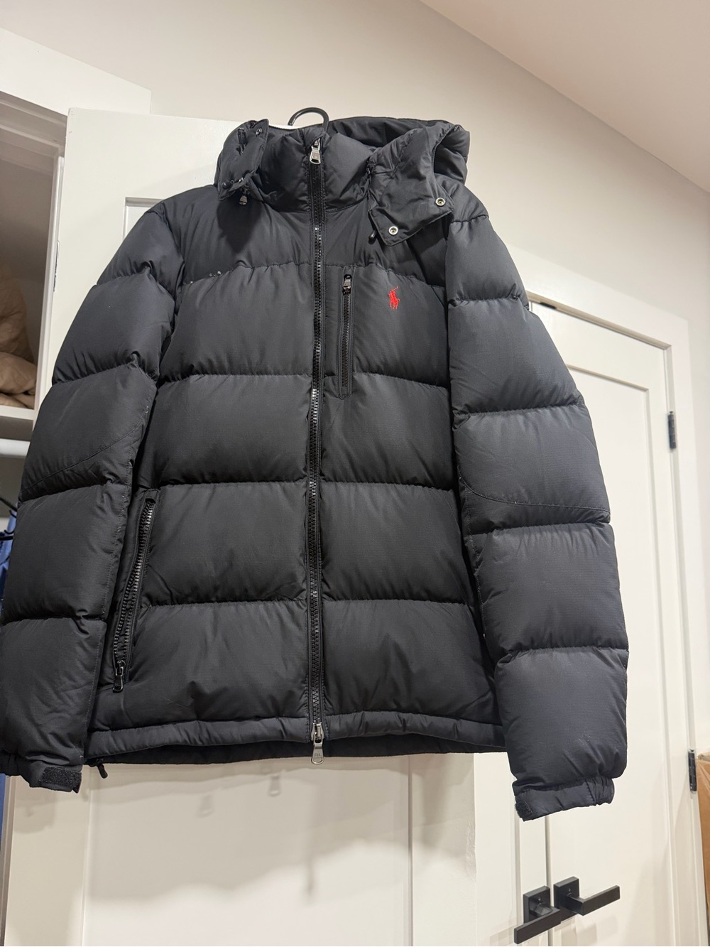 Ralph Lauren Black Hooded Puffer Jacket with Red Polo Logo